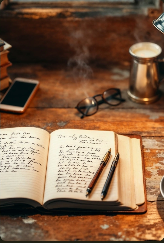 Handwritten pages in an open notebook on a writer's desk