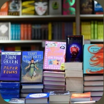 A display of published books in a bookshop