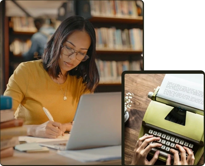 An author writing in a library, with a close-up of a vintage typewriter