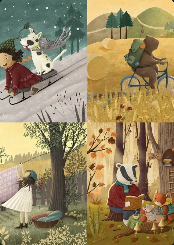 Four illustrated children's book scenes
