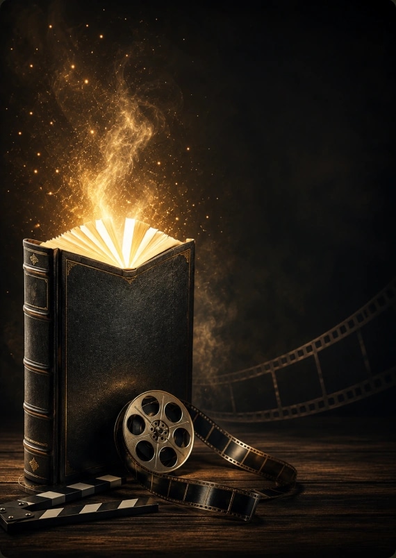 A glowing book with golden sparks beside a film reel